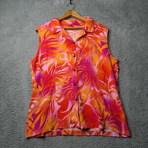 Vintage Hawaiian Blouse Women's Large Pink and Orange Sleeveless Button Up